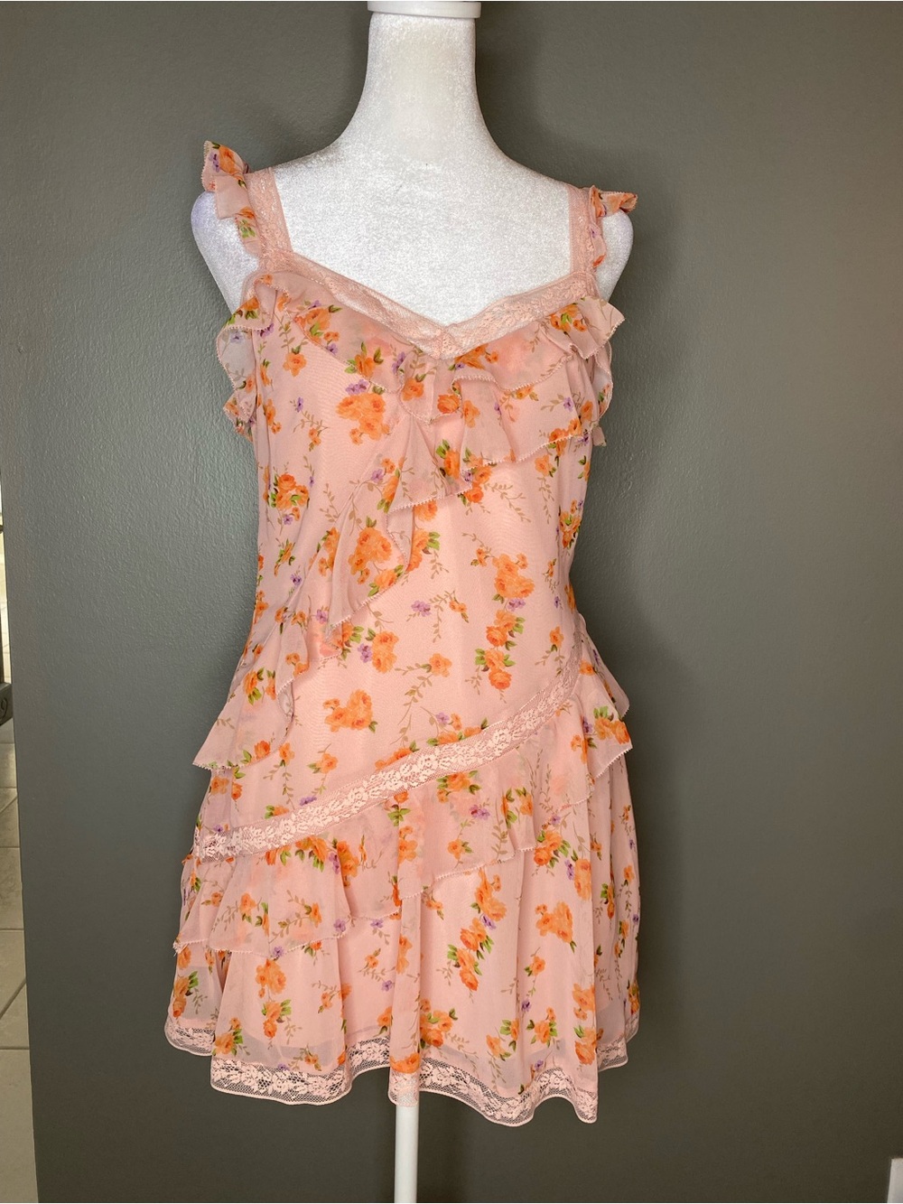 Altar’d State Tiered Ruffle Floral Lace Chiffon Sleeveless Mini Dress - Size XS